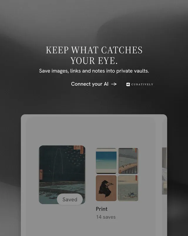 Instagram portrait post for Curatively: "Keep what catches your eye." Minimal luxury style, centred layout, dark palette in grey, black.