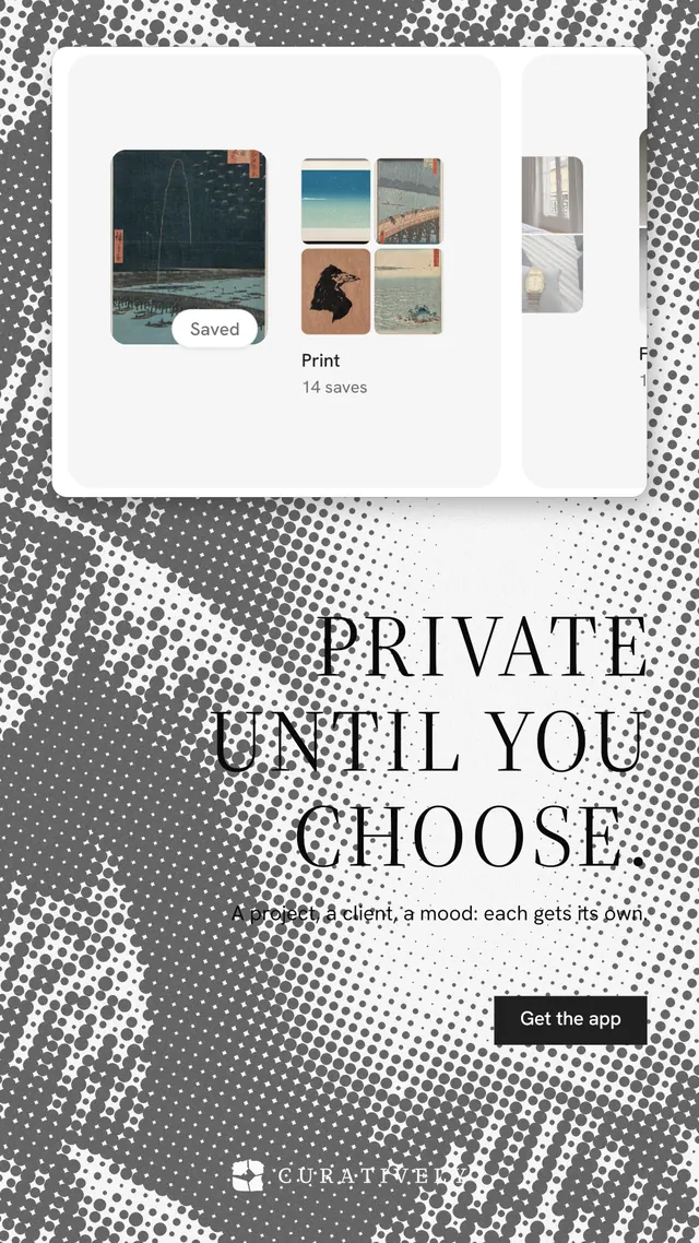 Instagram story for Curatively: "Private until you choose." Split block style, right layout, light palette in grey, white.