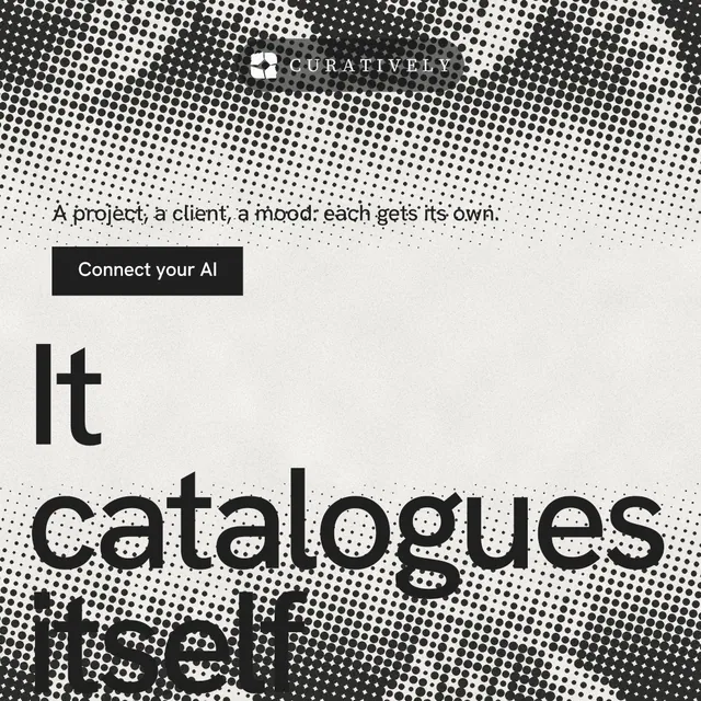 Instagram post for Curatively: "Keep what catches your eye." Swiss style, oversized layout, light palette in grey, white.