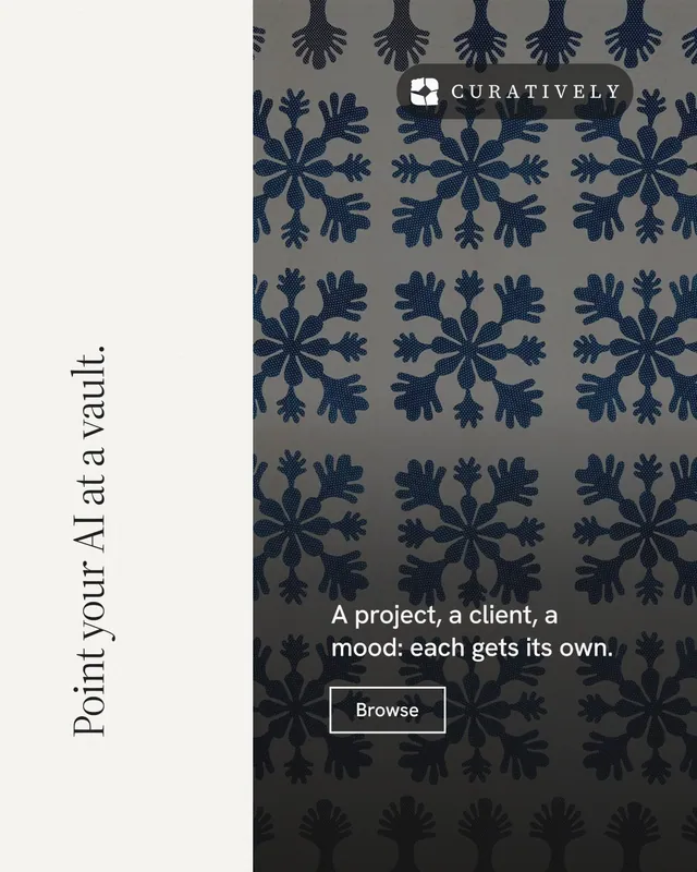Instagram portrait post for Curatively: "Point your AI at a vault." Editorial style, vertical layout, light palette in white, black, grey.