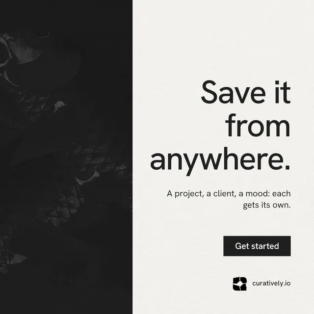 Instagram post for Curatively: "Save it from anywhere." Swiss style, right layout, light palette in black, white.