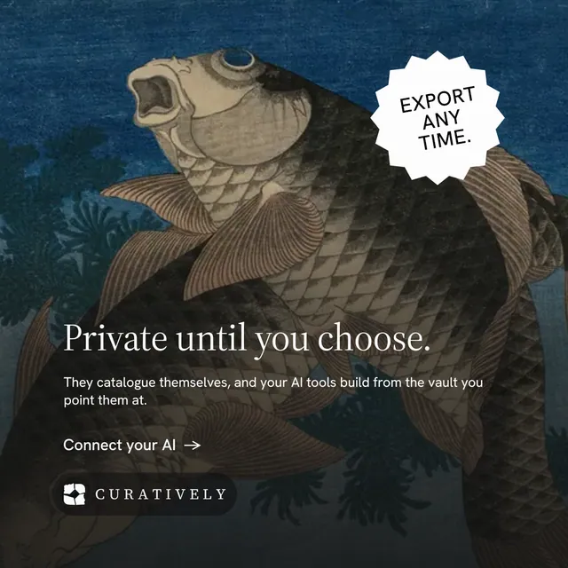 Instagram post for Curatively: "Private until you choose." Minimal luxury style, sticker layout, dark palette in black, blue, grey.