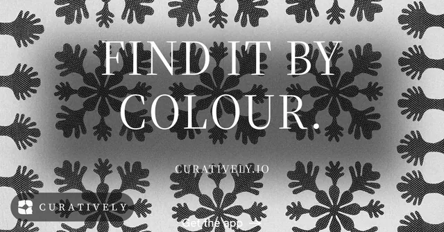 Social ad for Curatively: "Find it by colour." Minimal luxury style, smallcaps layout, light palette in grey, black, white.