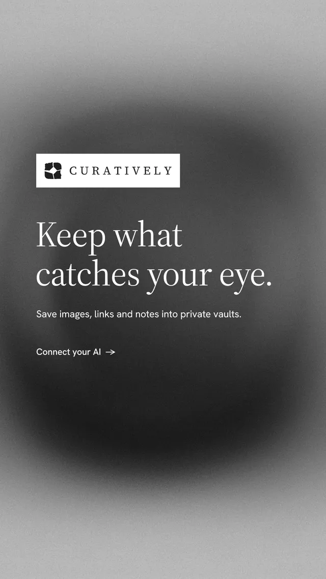 Instagram story for Curatively: "Keep what catches your eye." Minimal luxury style, announce layout, dark palette in grey, black.