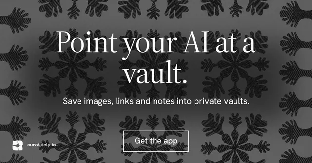 Social ad for Curatively: "Point your AI at a vault." Editorial style, centred layout, dark palette in black, grey.