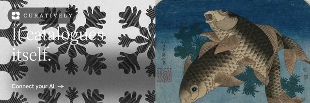 X header for Curatively: "It catalogues itself." Minimal luxury style, bottom layout, dark palette in grey, blue, white.
