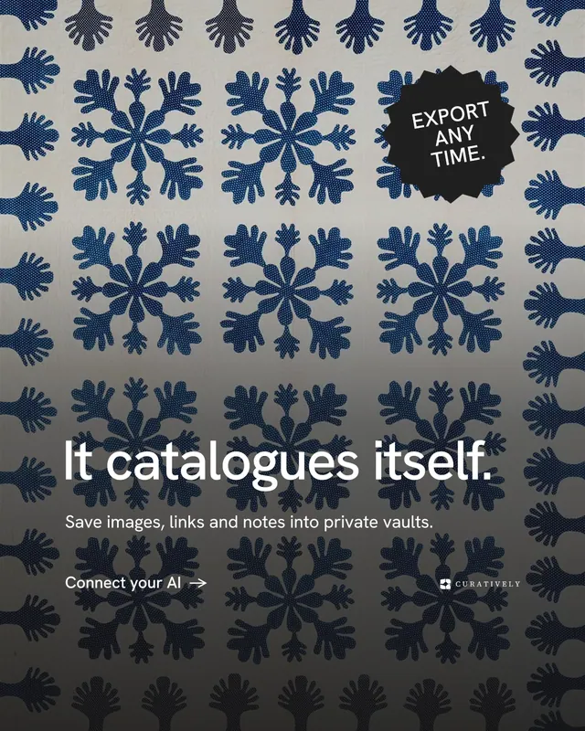 Instagram portrait post for Curatively: "It catalogues itself." Minimal luxury style, sticker layout, dark palette in grey, black, blue.