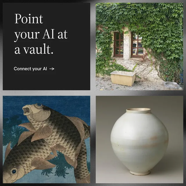 Instagram post for Curatively: "Point your AI at a vault." Minimal luxury style, collage layout, dark palette in black, grey.