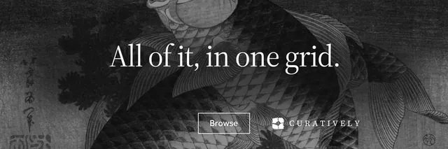 X header for Curatively: "All of it, in one grid." Editorial style, centred layout, dark palette in black, grey.