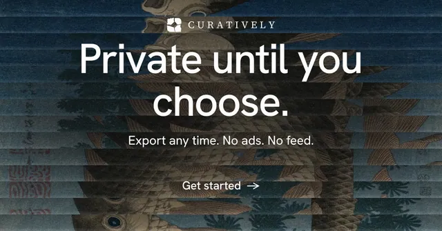 Social ad for Curatively: "Private until you choose." Minimal luxury style, centred layout, dark palette in black, grey.
