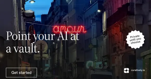 Social ad for Curatively: "Point your AI at a vault." Editorial style, sticker layout, dark palette in black, pink, grey.