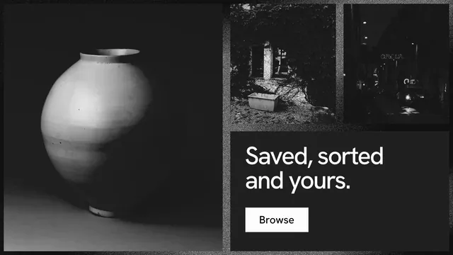 Landscape graphic for Curatively: "Saved, sorted and yours." Swiss style, collage layout, dark palette in black, grey.