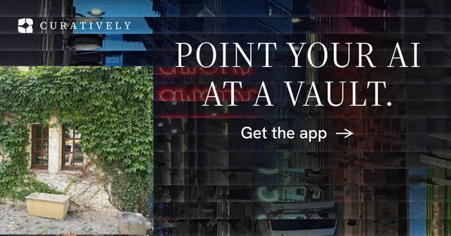 Social ad for Curatively: "Point your AI at a vault." Minimal luxury style, skeleton layout, dark palette in black, grey, red.