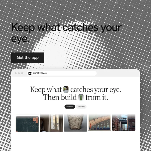 Instagram post for Curatively: "Keep what catches your eye." Swiss style, browser layout, light palette in white, grey.