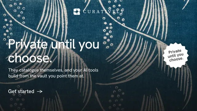 Landscape graphic for Curatively: "Private until you choose." Minimal luxury style, sticker layout, dark palette in black, blue, grey.