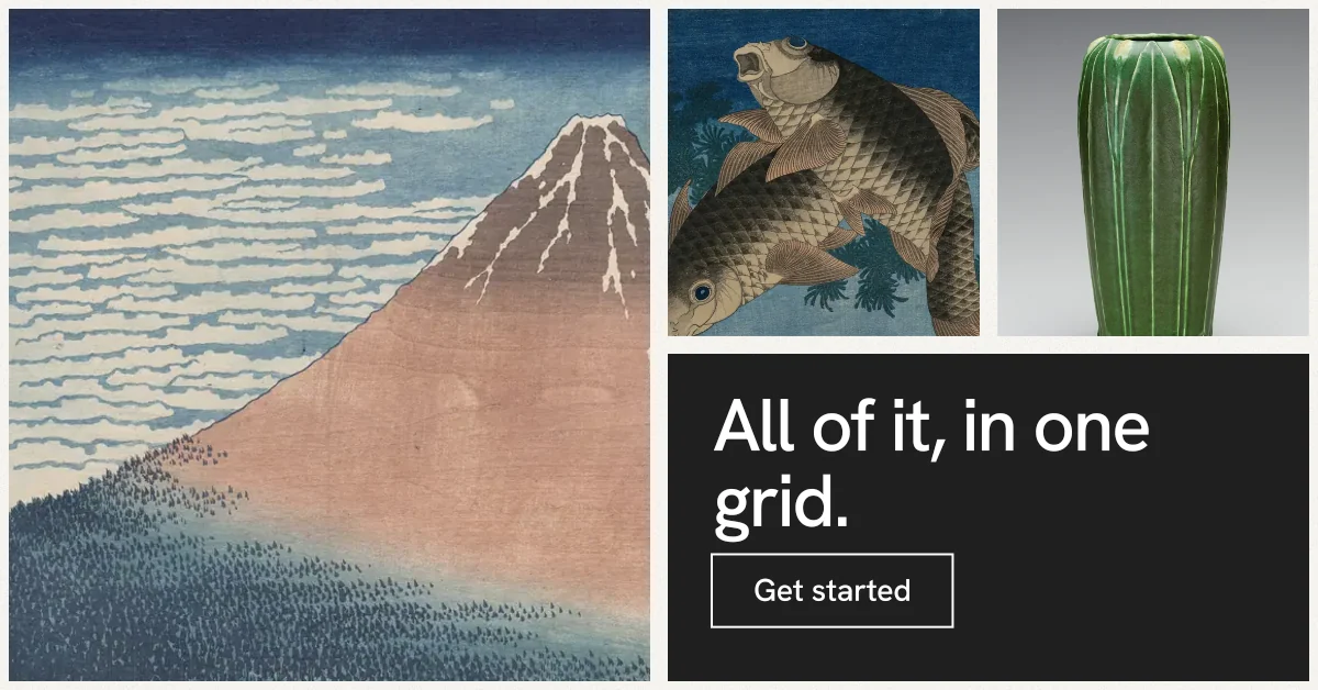 Social ad for Curatively: "All of it, in one grid." Editorial style, collage layout, light palette in grey, black.