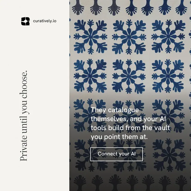 Instagram post for Curatively: "Private until you choose." Editorial style, vertical layout, light palette in white, black, grey.