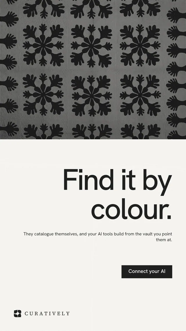 Instagram story for Curatively: "Find it by colour." Swiss style, right layout, light palette in white, black, grey.