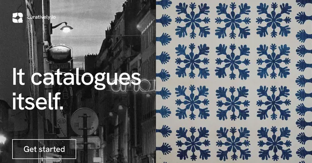 Social ad for Curatively: "It catalogues itself." Editorial style, bottom layout, dark palette in grey, black.