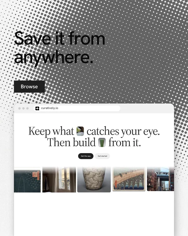 Instagram portrait post for Curatively: "Save it from anywhere." Swiss style, browser layout, light palette in white, grey.