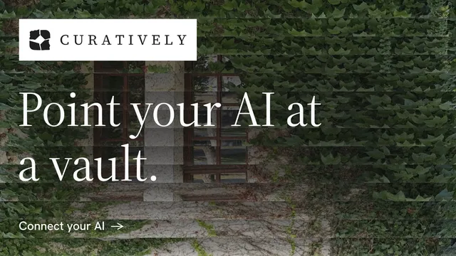 Landscape graphic for Curatively: "Point your AI at a vault." Minimal luxury style, announce layout, dark palette in black, grey.