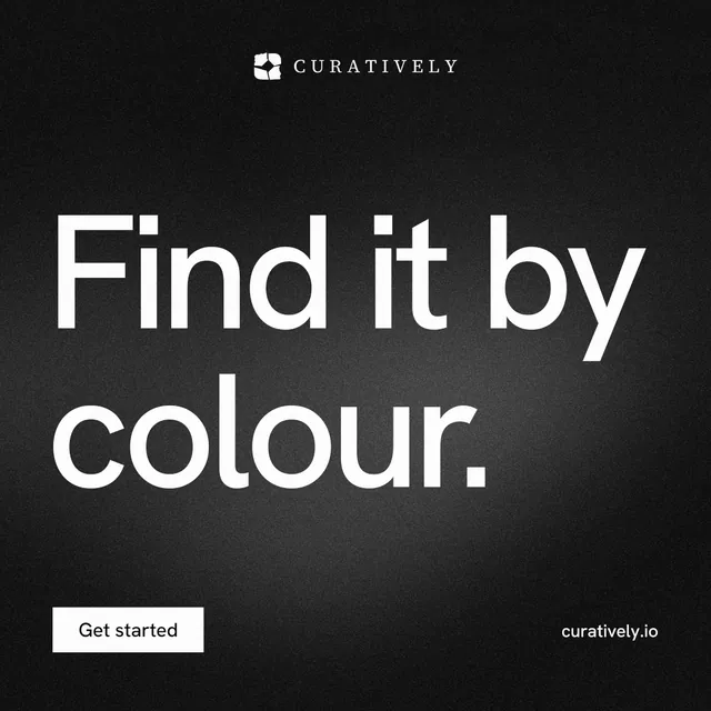 Instagram post for Curatively: "Find it by colour." Swiss style, poster layout, dark palette in black, grey.