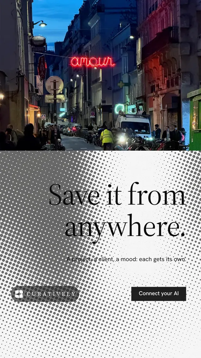 Instagram story for Curatively: "Save it from anywhere." Split block style, right layout, light palette in white, purple, grey.