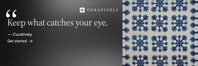 X header for Curatively: "It catalogues itself." Minimal luxury style, quote layout, dark palette in grey, black.