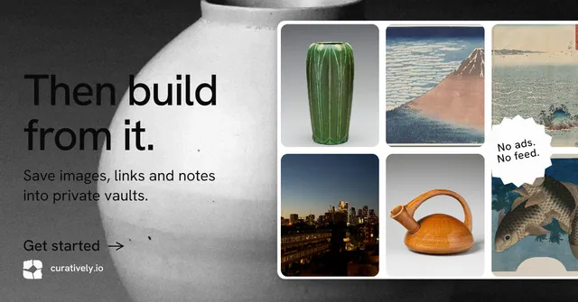 Social ad for Curatively: "Then build from it." Minimal luxury style, sticker layout, light palette in black, grey, white.