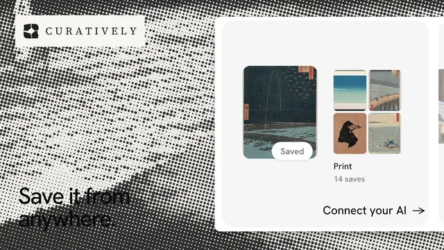Landscape graphic for Curatively: "Save it from anywhere." Swiss style, image led layout, light palette in grey, white.