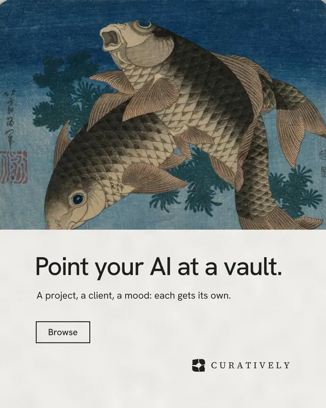 Instagram portrait post for Curatively: "Point your AI at a vault." Editorial style, bottom layout, light palette in grey, blue, white.