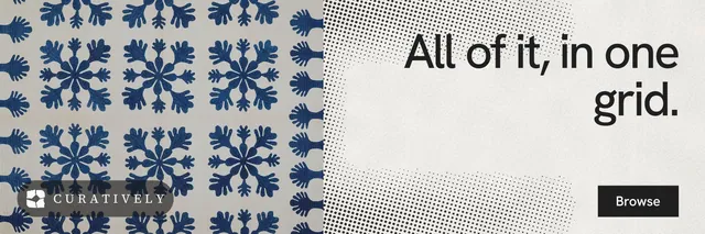 X header for Curatively: "All of it, in one grid." Swiss style, right layout, light palette in grey, white.