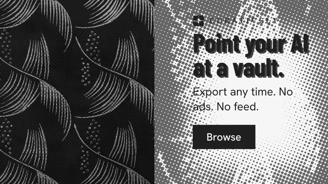 Landscape graphic for Curatively: "Point your AI at a vault." Retro print style, skeleton layout, dark palette in white, black, grey.