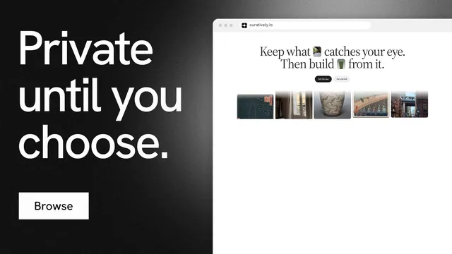 Landscape graphic for Curatively: "Private until you choose." Swiss style, browser layout, light palette in white, black, grey.