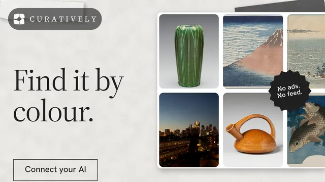 Landscape graphic for Curatively: "Find it by colour." Editorial style, sticker layout, light palette in white, grey.