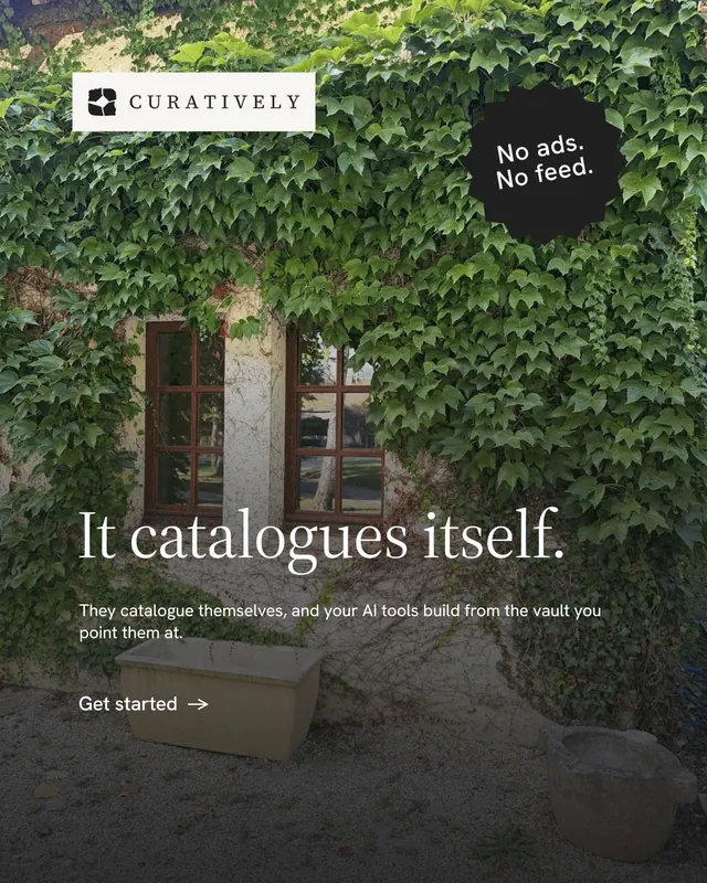 Instagram portrait post for Curatively: "It catalogues itself." Minimal luxury style, sticker layout, dark palette in black, grey.