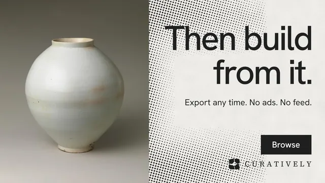 Landscape graphic for Curatively: "Then build from it." Swiss style, right layout, light palette in grey, white.
