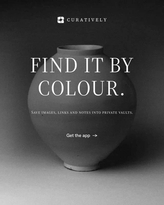 Instagram portrait post for Curatively: "Find it by colour." Minimal luxury style, smallcaps layout, dark palette in grey, black.