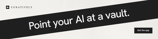 LinkedIn banner for Curatively: "Point your AI at a vault." Swiss style, diagonal layout, light palette in white, black, grey.