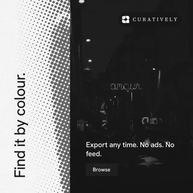 Instagram post for Curatively: "Find it by colour." Retro print style, vertical layout, dark palette in white, black, grey.