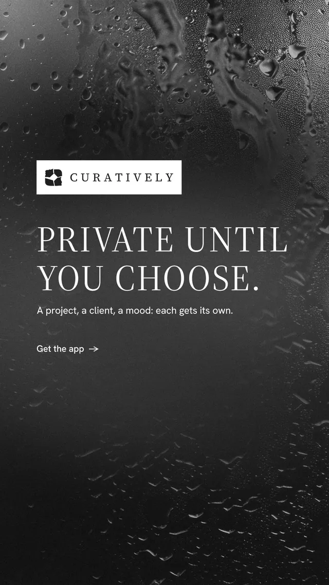 Instagram story for Curatively: "Private until you choose." Minimal luxury style, announce layout, dark palette in black, grey.