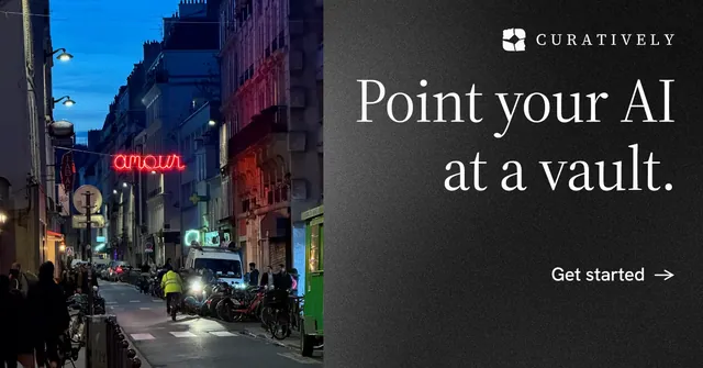 Social ad for Curatively: "Point your AI at a vault." Minimal luxury style, right layout, dark palette in black, grey, blue.
