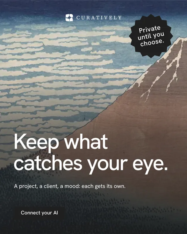 Instagram portrait post for Curatively: "Keep what catches your eye." Swiss style, sticker layout, dark palette in grey, black.