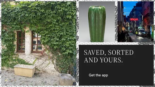 Landscape graphic for Curatively: "Saved, sorted and yours." Split block style, collage layout, dark palette in grey, black, green.