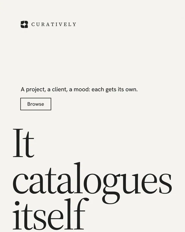 Instagram portrait post for Curatively: "Then build from it." Editorial style, oversized layout, light palette in white, grey.