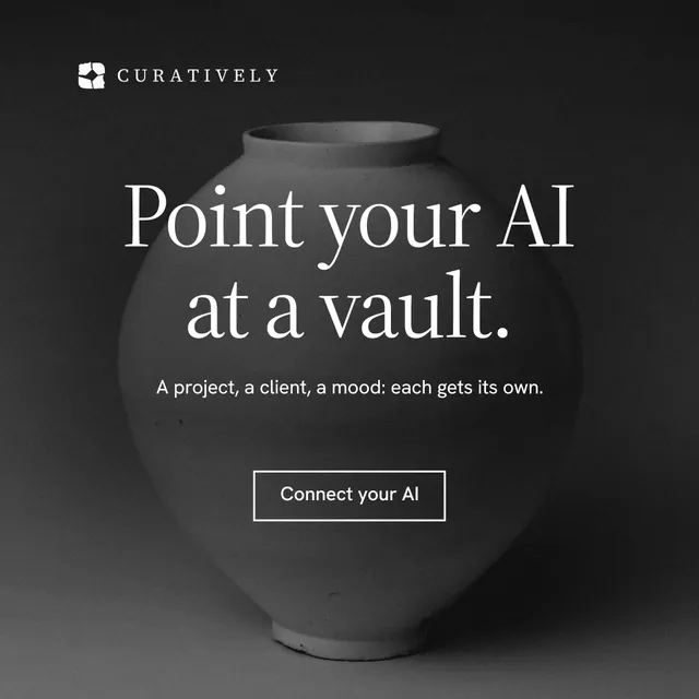 Instagram post for Curatively: "Point your AI at a vault." Editorial style, centred layout, dark palette in black, grey.