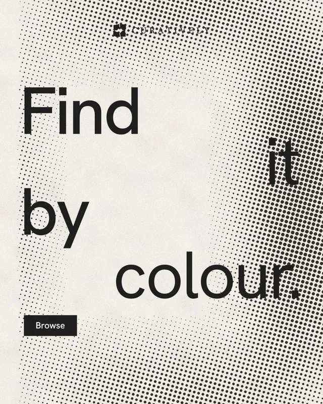 Instagram portrait post for Curatively: "Find it by colour." Swiss style, stacked layout, light palette in white, grey.