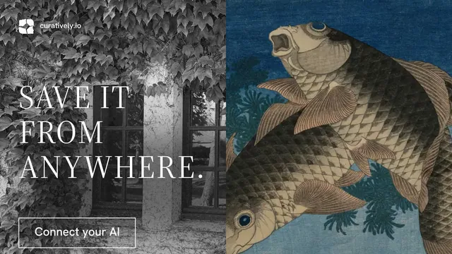 Landscape graphic for Curatively: "Save it from anywhere." Editorial style, bottom layout, dark palette in grey, black, blue.