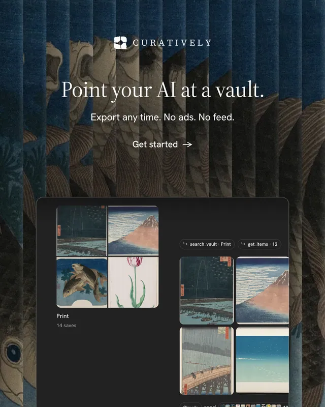 Instagram portrait post for Curatively: "Point your AI at a vault." Minimal luxury style, centred layout, dark palette in black, grey, blue.