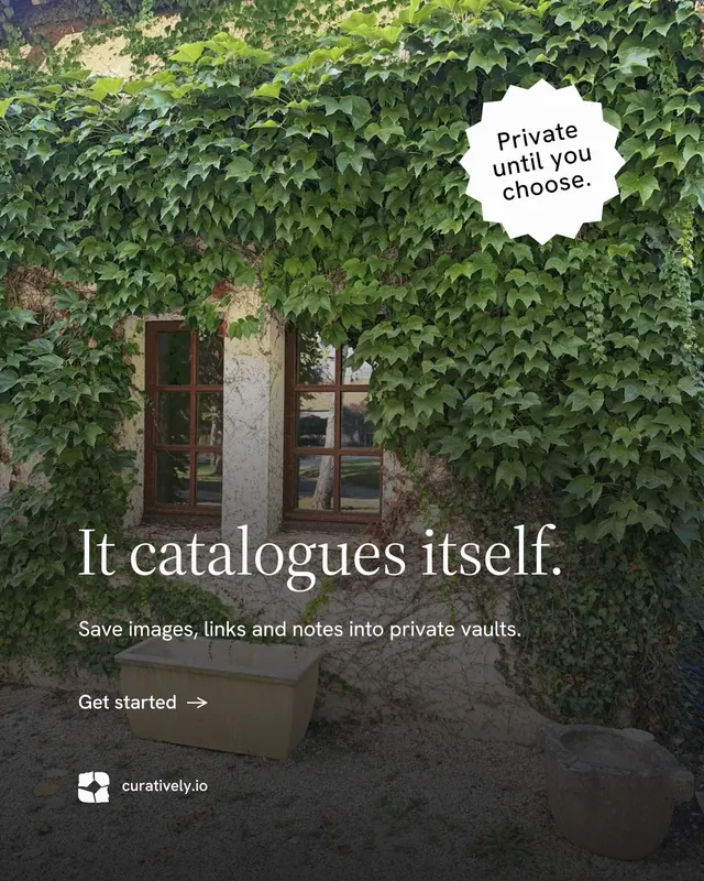 Instagram portrait post for Curatively: "It catalogues itself." Minimal luxury style, sticker layout, dark palette in black, grey.
